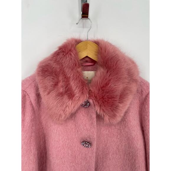 Kate Spade Tulip Pink Faux Fur Collar Crystal Button Front Wool Blend Coat sz 2 - Picture 5 of 11